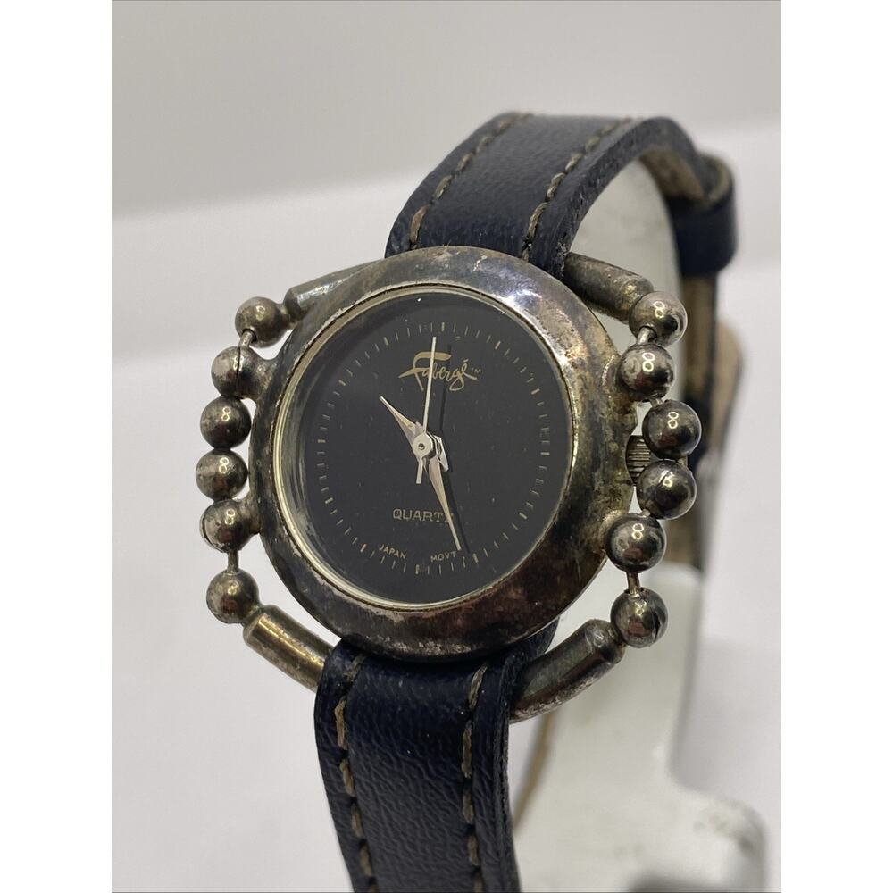 Vintage Faberge Womens Silver Black Leather Watch New Battery